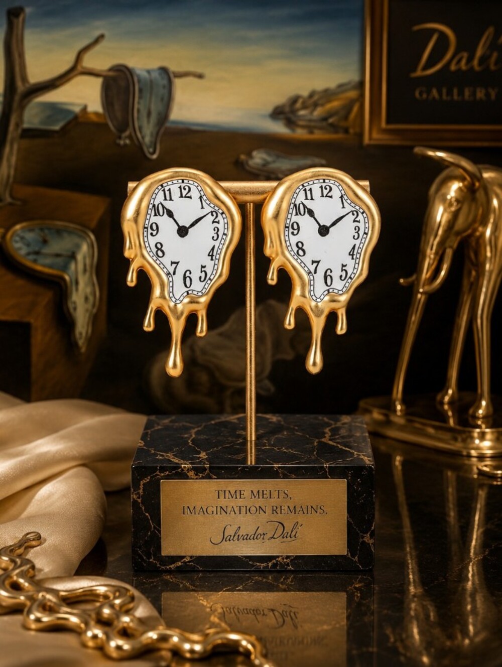 Salvador Dali Inspired Gold Melting Clock Earrings - FABULOUS